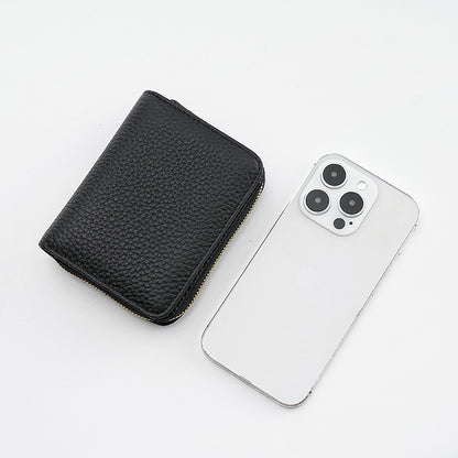 Black Compact RFID Genuine Leather Wallet for Women - Secure Zipper Card Holder & Coin Purse