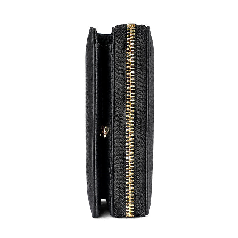 Black Compact RFID Genuine Leather Wallet for Women - Secure Zipper Card Holder & Coin Purse
