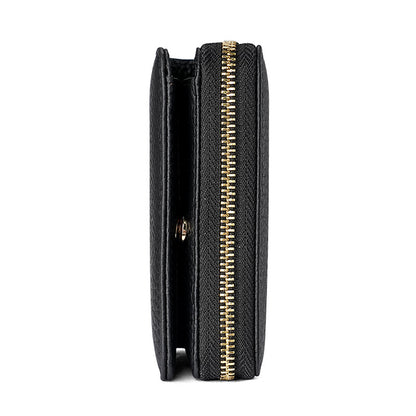 Black Compact RFID Genuine Leather Wallet for Women - Secure Zipper Card Holder & Coin Purse