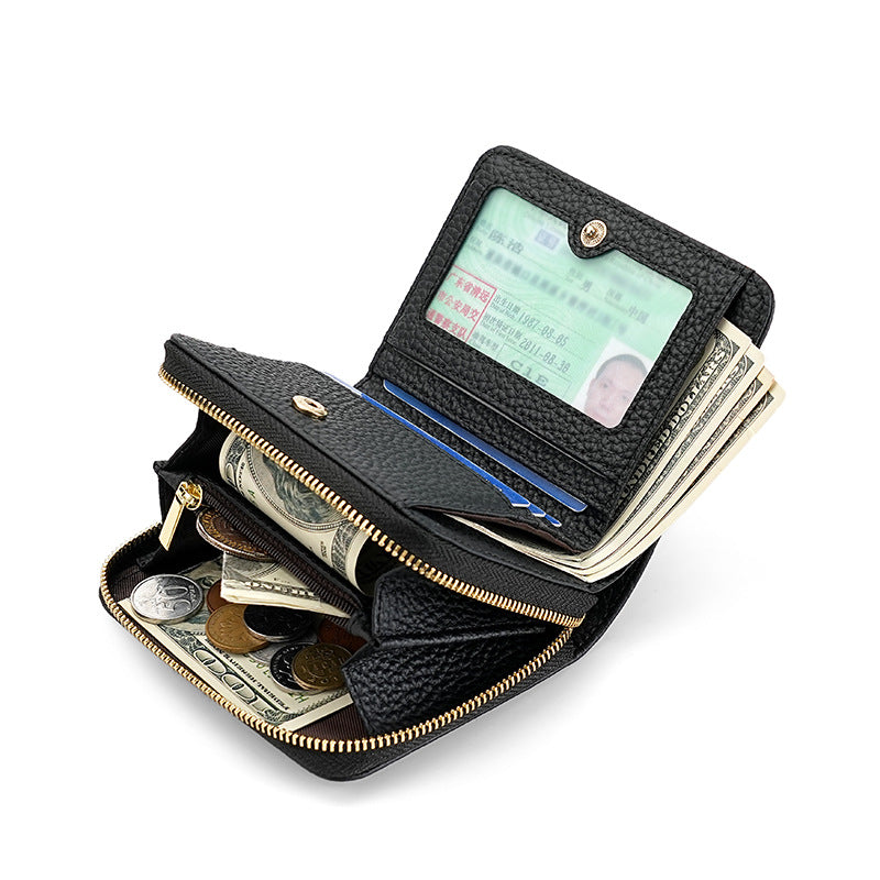 Red Compact RFID Genuine Leather Wallet for Women - Secure Zipper Card Holder & Coin Purse