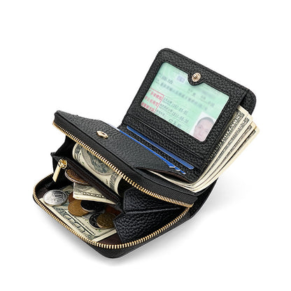 Red Compact RFID Genuine Leather Wallet for Women - Secure Zipper Card Holder & Coin Purse