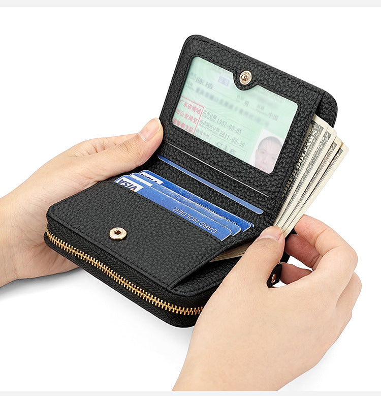 Red Compact RFID Genuine Leather Wallet for Women - Secure Zipper Card Holder & Coin Purse