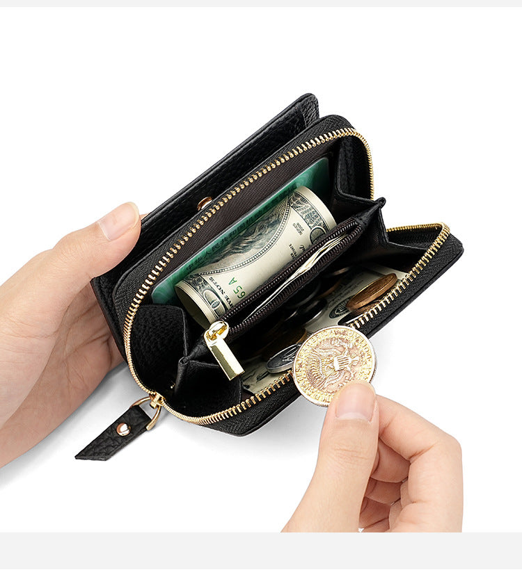 Red Compact RFID Genuine Leather Wallet for Women - Secure Zipper Card Holder & Coin Purse