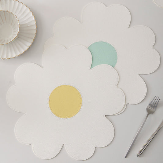 White Background With Blue Heart + Yellow Heart Set of 6 Reversible Flower Shaped Placemats - Waterproof PU Leather Dining Table Mats