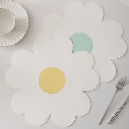 Blue Background With White Heart + Blue Background Set of 6 Reversible Flower Shaped Placemats - Waterproof PU Leather Dining Table Mats