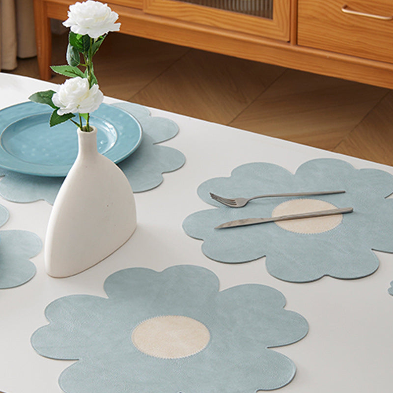 Blue Background With Yellow Heart + Yellow Background With Blue Heart Set of 6 Reversible Flower Shaped Placemats - Waterproof PU Leather Dining Table Mats