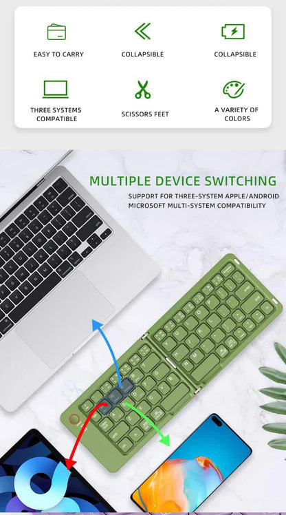 Green Ultra-Slim Foldable Bluetooth Keyboard - Portable Wireless Rechargeable Travel Keyboard for iOS Android Windows Devices