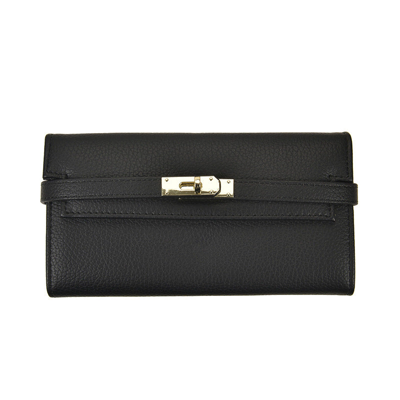 Black Elegant Women's Turn Lock Long Wallet - Black PU Leather Clutch Purse with Card Slots & Zipper Pocket