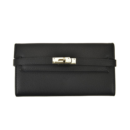 Black Elegant Women's Turn Lock Long Wallet - Black PU Leather Clutch Purse with Card Slots & Zipper Pocket