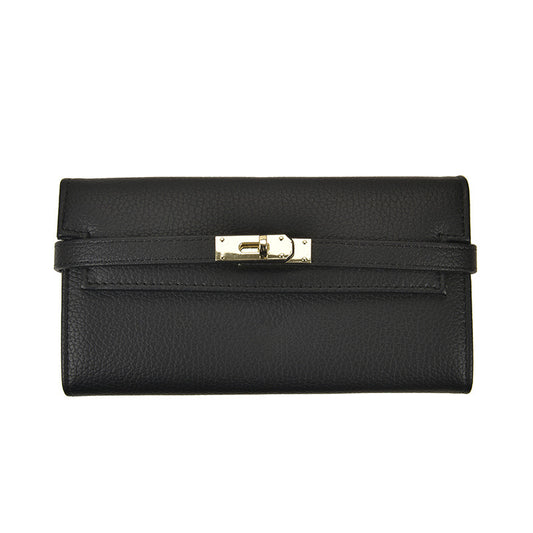 Black Elegant Women's Turn Lock Long Wallet - Black PU Leather Clutch Purse with Card Slots & Zipper Pocket