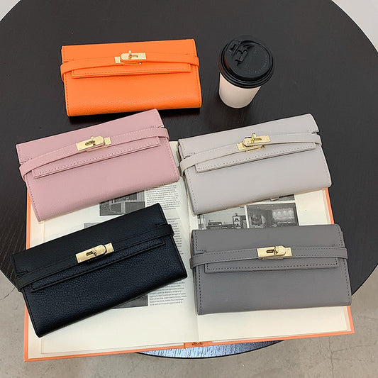 Black Elegant Women's Turn Lock Long Wallet - Black PU Leather Clutch Purse with Card Slots & Zipper Pocket