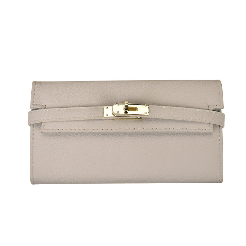 Beige Elegant Women's Turn Lock Long Wallet - Black PU Leather Clutch Purse with Card Slots & Zipper Pocket