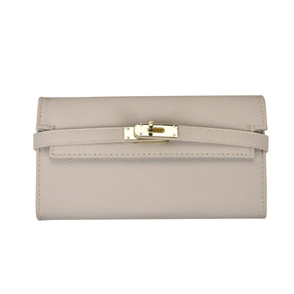 Beige Elegant Women's Turn Lock Long Wallet - Black PU Leather Clutch Purse with Card Slots & Zipper Pocket