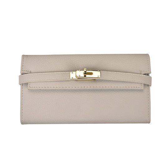 Beige Elegant Women's Turn Lock Long Wallet - Black PU Leather Clutch Purse with Card Slots & Zipper Pocket