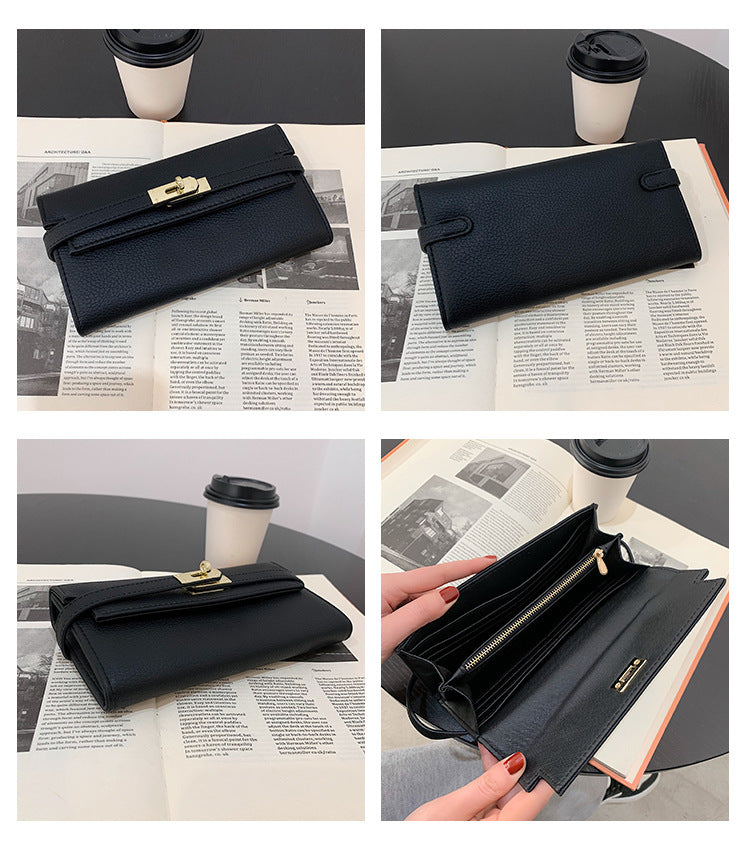 Beige Elegant Women's Turn Lock Long Wallet - Black PU Leather Clutch Purse with Card Slots & Zipper Pocket