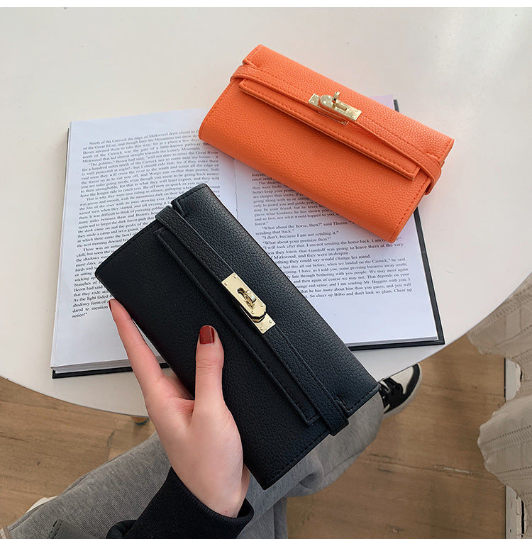 Beige Elegant Women's Turn Lock Long Wallet - Black PU Leather Clutch Purse with Card Slots & Zipper Pocket