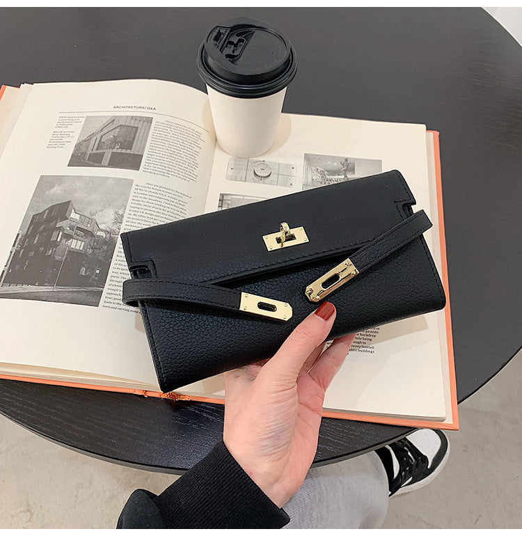 Beige Elegant Women's Turn Lock Long Wallet - Black PU Leather Clutch Purse with Card Slots & Zipper Pocket