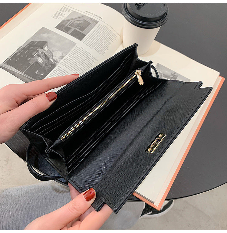 Beige Elegant Women's Turn Lock Long Wallet - Black PU Leather Clutch Purse with Card Slots & Zipper Pocket