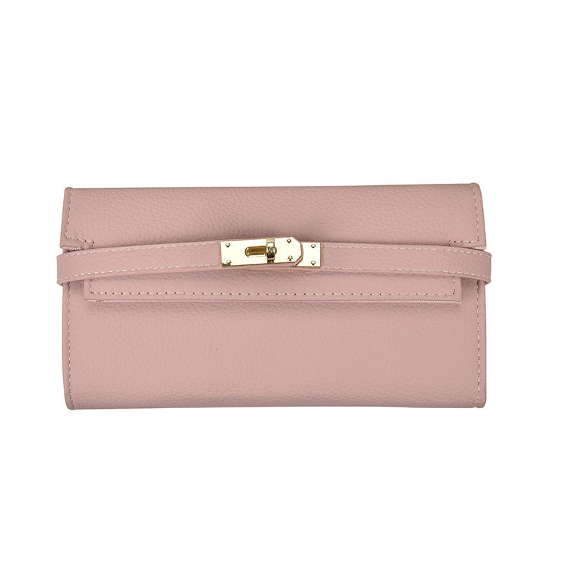 Pink Elegant Women's Turn Lock Long Wallet - Black PU Leather Clutch Purse with Card Slots & Zipper Pocket