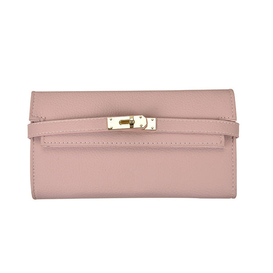 Pink Elegant Women's Turn Lock Long Wallet - Black PU Leather Clutch Purse with Card Slots & Zipper Pocket