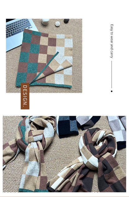 Black,Grey And Beige Unisex Retro Checkered Knit Scarf - Soft Thick Winter Shawl Wrap