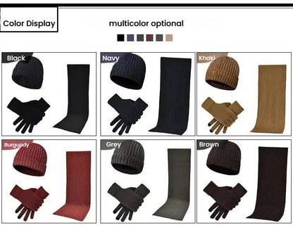 Wine Red Men's 3-Piece Winter Warm Ribbed Knit Beanie Hat Scarf and Gloves Set