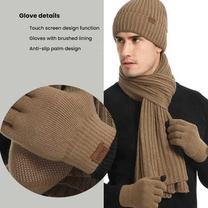 Wine Red Men's 3-Piece Winter Warm Ribbed Knit Beanie Hat Scarf and Gloves Set