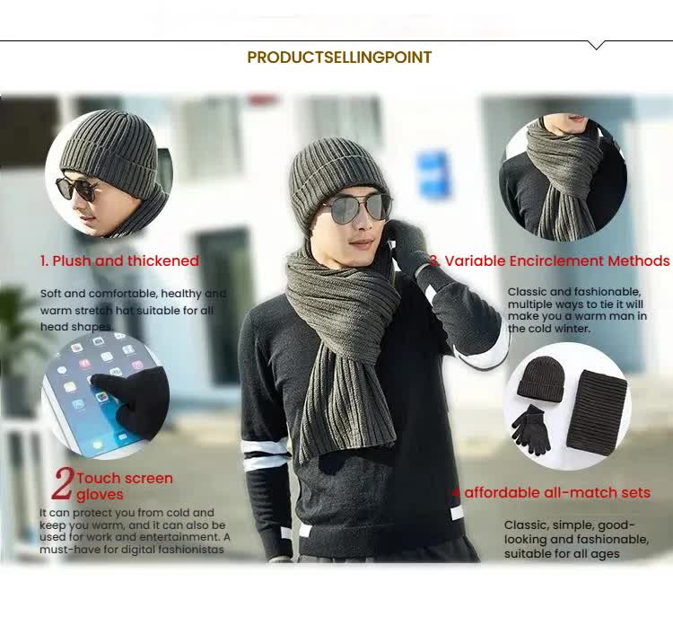 Wine Red Men's 3-Piece Winter Warm Ribbed Knit Beanie Hat Scarf and Gloves Set