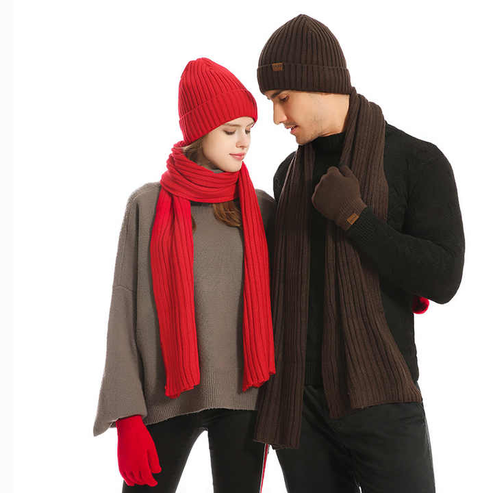 Wine Red Men's 3-Piece Winter Warm Ribbed Knit Beanie Hat Scarf and Gloves Set