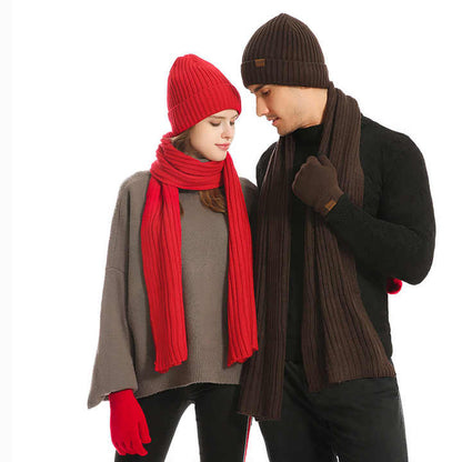 Wine Red Men's 3-Piece Winter Warm Ribbed Knit Beanie Hat Scarf and Gloves Set