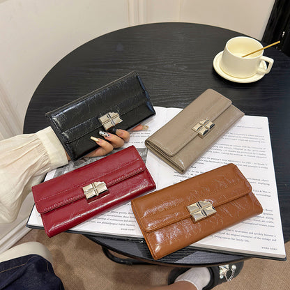 Brown Elegant Women's RFID Blocking Long Wallet - PU Leather Clutch Purse with Clasp
