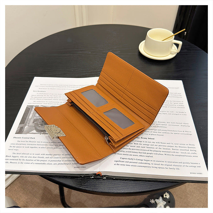Brown Elegant Women's RFID Blocking Long Wallet - PU Leather Clutch Purse with Clasp