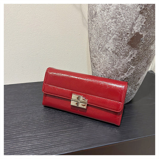 Red Elegant Women's RFID Blocking Long Wallet - PU Leather Clutch Purse with Clasp