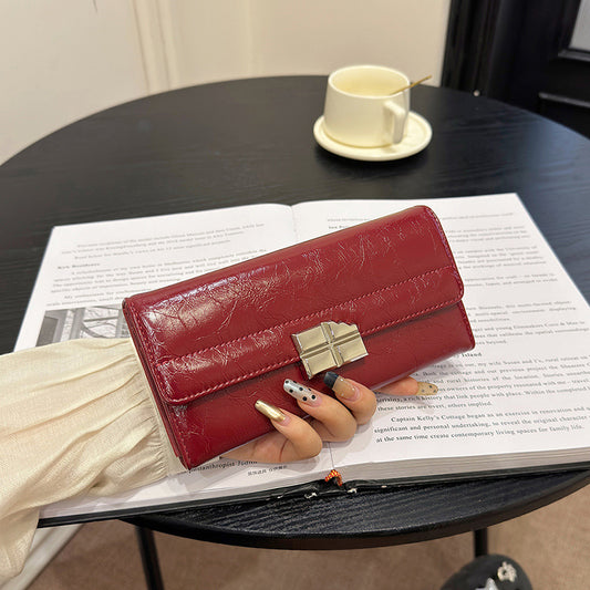 Red Elegant Women's RFID Blocking Long Wallet - PU Leather Clutch Purse with Clasp