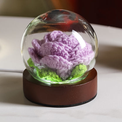 Purple Rose Handcrafted Crochet Flower LED Night Light - USB Rechargeable Glass Dome Lamp with Wood Base, 3 Color Modes