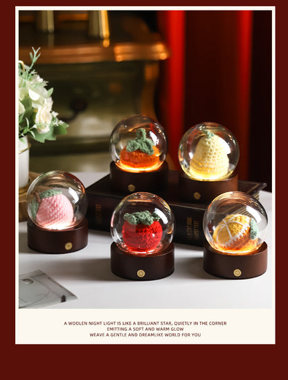 Blue Rose Handcrafted Crochet Flower LED Night Light - USB Rechargeable Glass Dome Lamp with Wood Base, 3 Color Modes