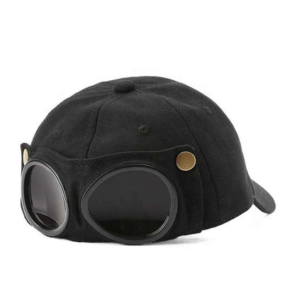 Black Stylish Aviator Goggle Baseball Cap - Unisex Outdoor Cotton Sun Hat