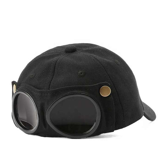 Black Stylish Aviator Goggle Baseball Cap - Unisex Outdoor Cotton Sun Hat