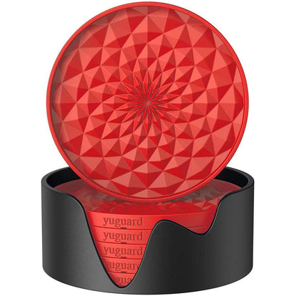 Red and Black Geometric Silicone Drink Coasters Set (6 Pack) with Holder - Non-Slip Table Protectors