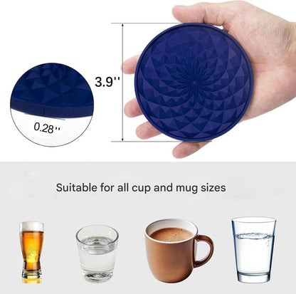 Dark Blue and Black Geometric Silicone Drink Coasters Set (6 Pack) with Holder - Non-Slip Table Protectors