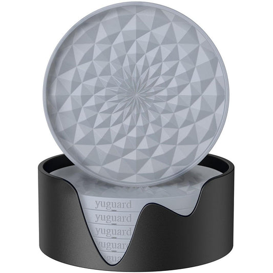 Grey and Black Geometric Silicone Drink Coasters Set (6 Pack) with Holder - Non-Slip Table Protectors