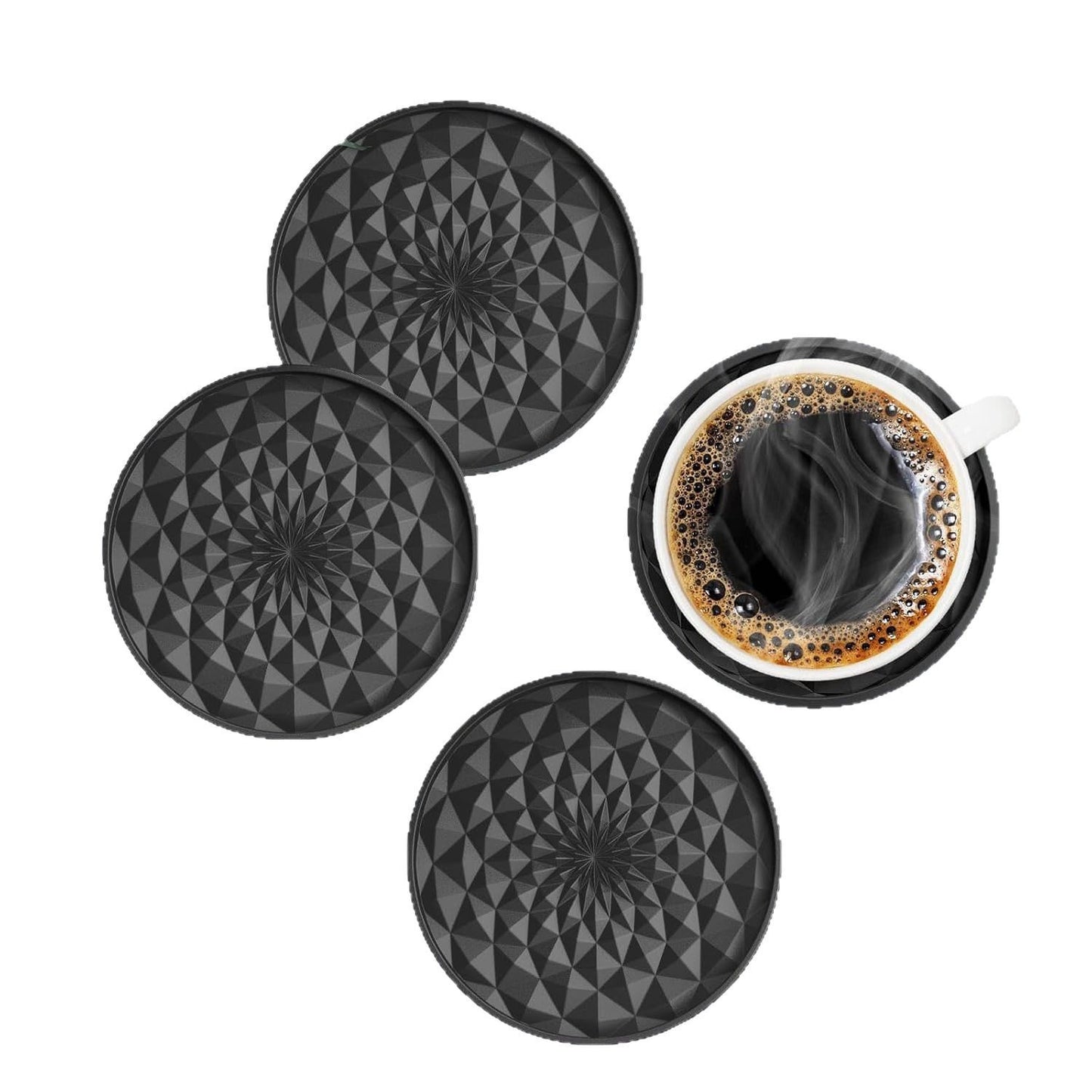 Grey and Black Geometric Silicone Drink Coasters Set (6 Pack) with Holder - Non-Slip Table Protectors