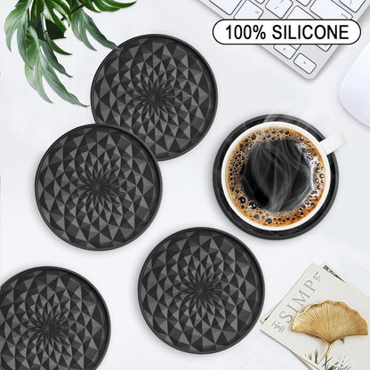 Grey and Black Geometric Silicone Drink Coasters Set (6 Pack) with Holder - Non-Slip Table Protectors
