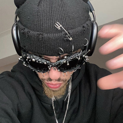 Black Edgy Punk Rock Spiked Sunglasses - Statement Goth Studded Eyewear