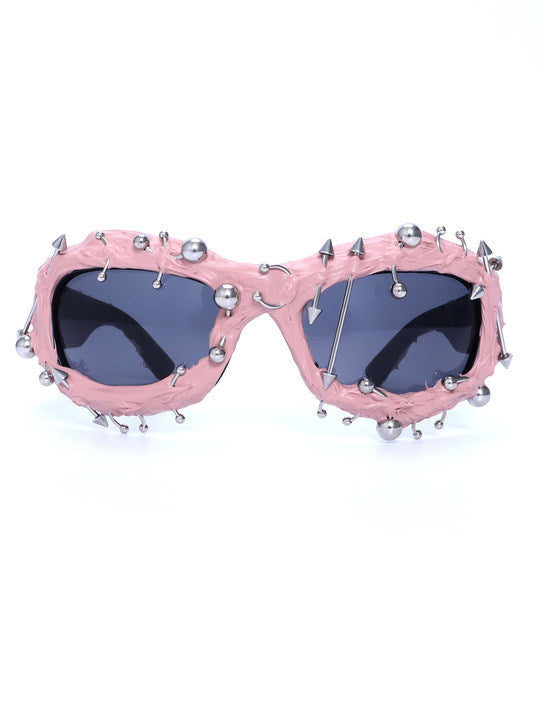 Pink Edgy Punk Rock Spiked Sunglasses - Statement Goth Studded Eyewear