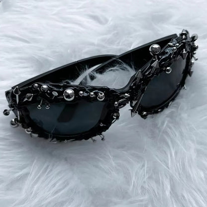 Red Edgy Punk Rock Spiked Sunglasses - Statement Goth Studded Eyewear