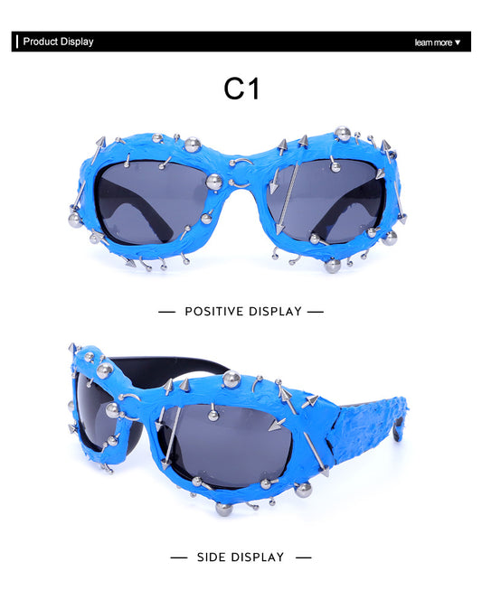 Blue Edgy Punk Rock Spiked Sunglasses - Statement Goth Studded Eyewear