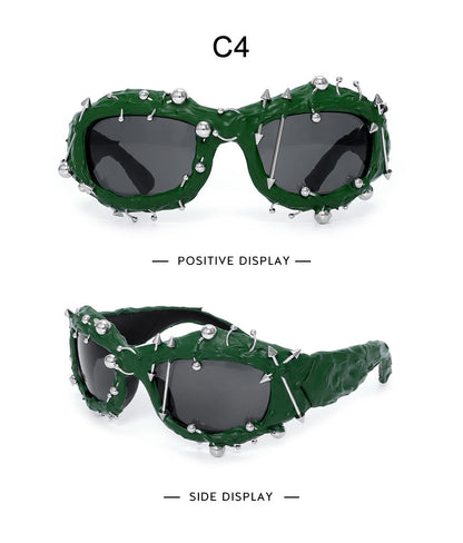 Green Edgy Punk Rock Spiked Sunglasses - Statement Goth Studded Eyewear