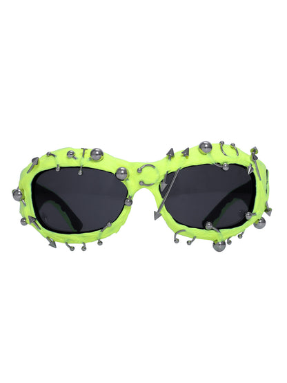 Bright Green Edgy Punk Rock Spiked Sunglasses - Statement Goth Studded Eyewear