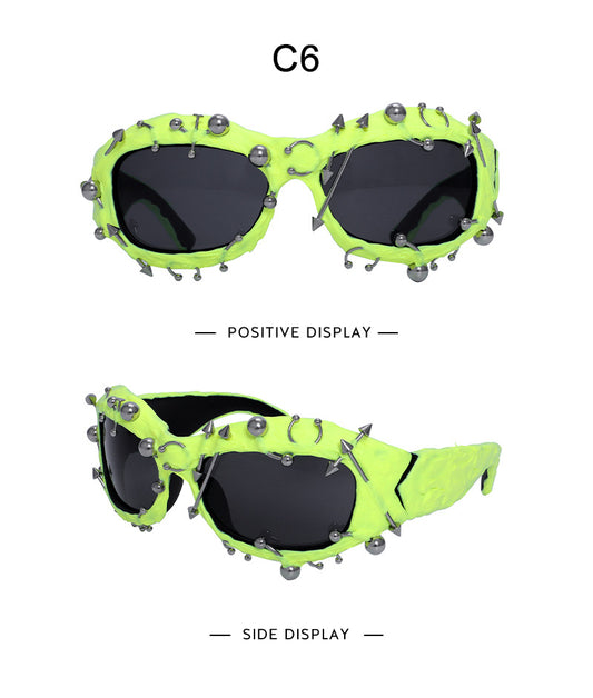 Bright Green Edgy Punk Rock Spiked Sunglasses - Statement Goth Studded Eyewear